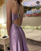 Vestidos largos de noche de fiesta con cuentas de satén lila claro Y6335