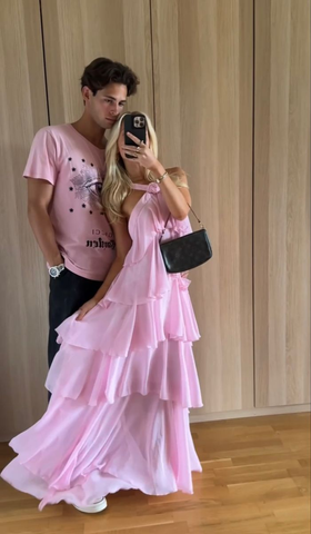 Women's Pink A-line Tiered Prom Dress Pink Backless Evening Dress Y4532