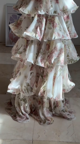 Glamorous Chiffon Print Floral A Line Backless Prom Dress V Neck Halter Layered Evening Dress Y8501