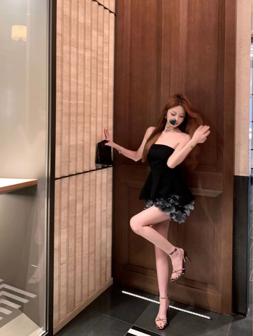 Robe de cocktail bustier en tulle noir à fleurs 3D, robe de bal bustier Y8105