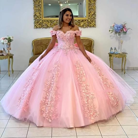 Vestido de baile morado con hombros descubiertos y apliques de tul, vestido para quinceañera Y5472