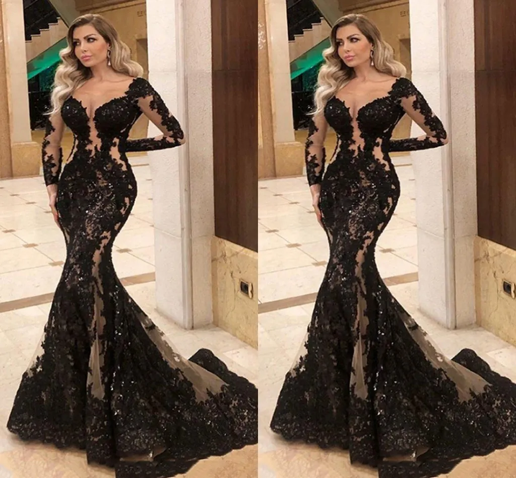 Vestidos de fiesta negros modestos, manga larga, apliques de encaje, elegantes vestidos de noche, vestidos formales S11019