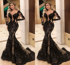 Vestidos de fiesta negros modestos, manga larga, apliques de encaje, elegantes vestidos de noche, vestidos formales S11019