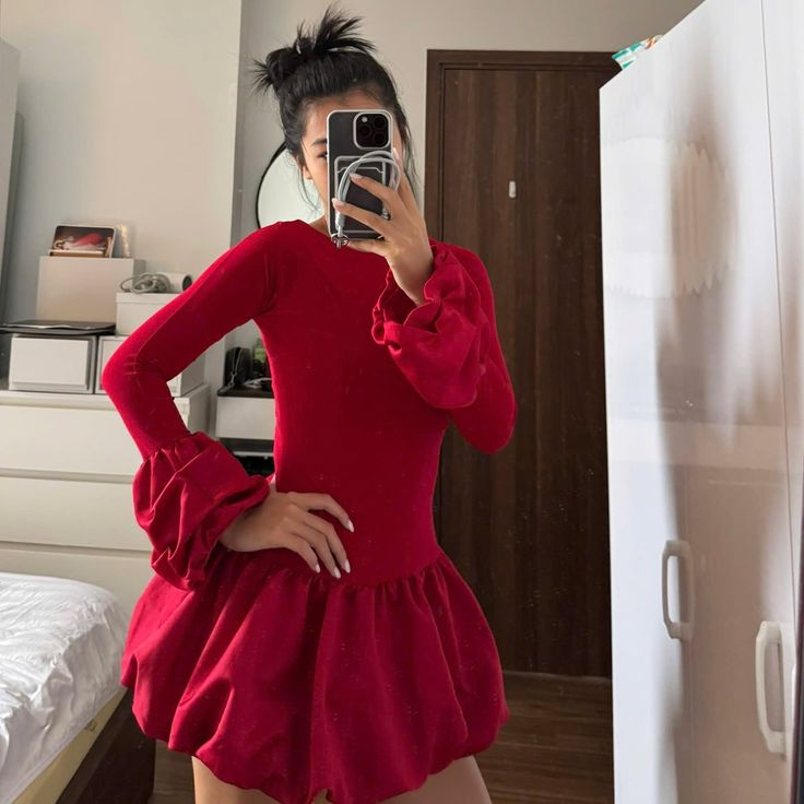 Red Long Sleeves A Line Mini Cocktail Dress Classy Homecoming Dress Y8103