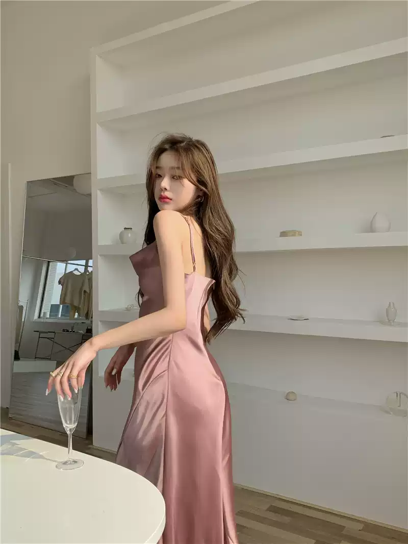 Robe midi semi-formelle élégante en soie à fines bretelles et fente latérale, robe de soirée moulante et sexy pour femme Y1197