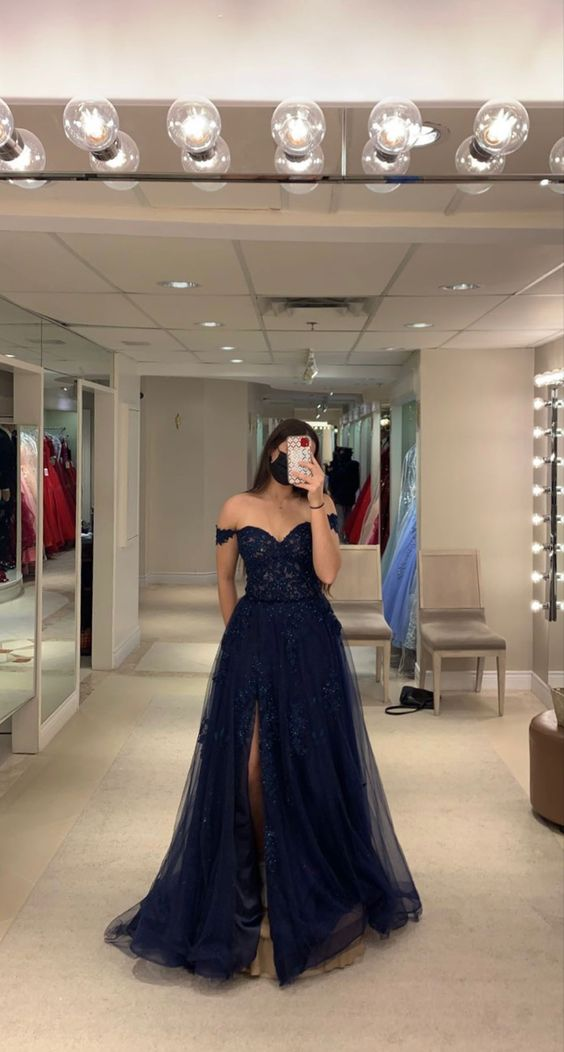 Off The Shoulder Navy Evening Dress With Split Navy Blue Graduation Dress Y6781