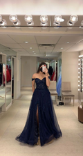 Off The Shoulder Navy Evening Dress With Split Navy Blue Graduation Dress Y6781