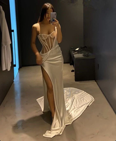 Robe de bal longue blanche asymétrique à une épaule avec fente haute, robe de soirée sexy Y189