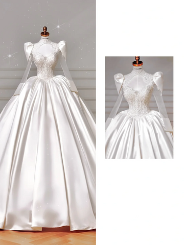 Gorgeous White Satin Lace Appliques A Line Wedding Dress,Formal Prom Dress Y8607