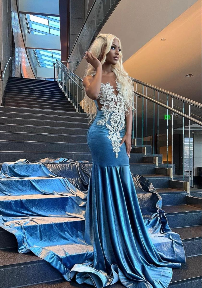 Robe de soirée africaine sirène en dentelle bleu ciel Y4253
