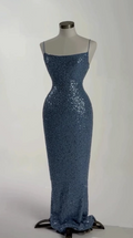 Precioso vestido largo de fiesta azul con lentejuelas y cuentas, corte sirena, vestido de noche formal Y8512