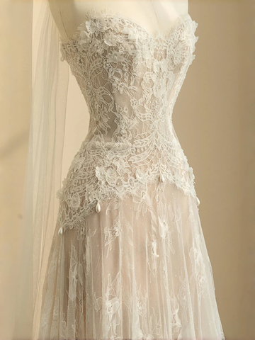 Pretty Strapless Tulle Lace Long A Line Wedding Dress,Formal Prom Evening Dress Y8686