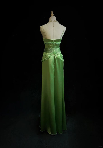 Chic Green Spaghetti Straps Satin Beaded Prom Dress Evening Dress Y8555