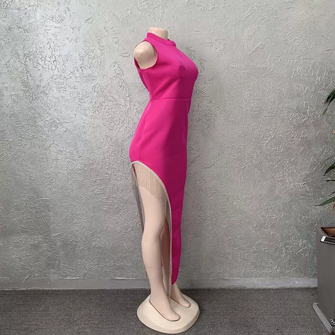 Robe bandage longue élégante à franges et fente brillante pour femme Y407