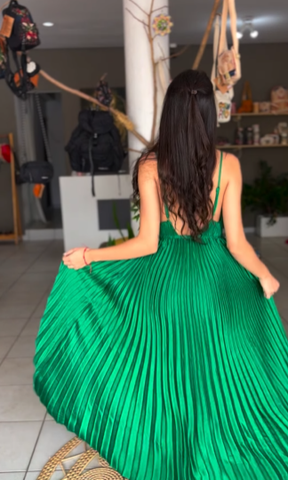 Vestido de fiesta verde con tirantes finos, escote en V plisado, corte en A, estilo vestido de noche Y7958