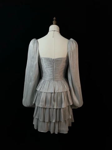 Lindo vestido corto de fiesta con lazo de tul gris plateado, corte en A y capas, estilo vestido de bienvenida Y8651