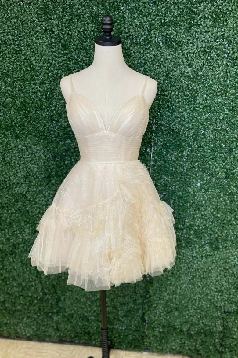 Robe de bal courte trapèze à bretelles ivoire Y2778