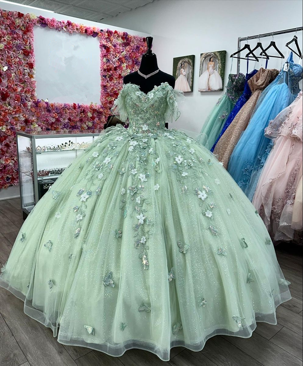 Robe de bal vert sauge pour quinceañera avec fleurs 3D - Modèle Y2614