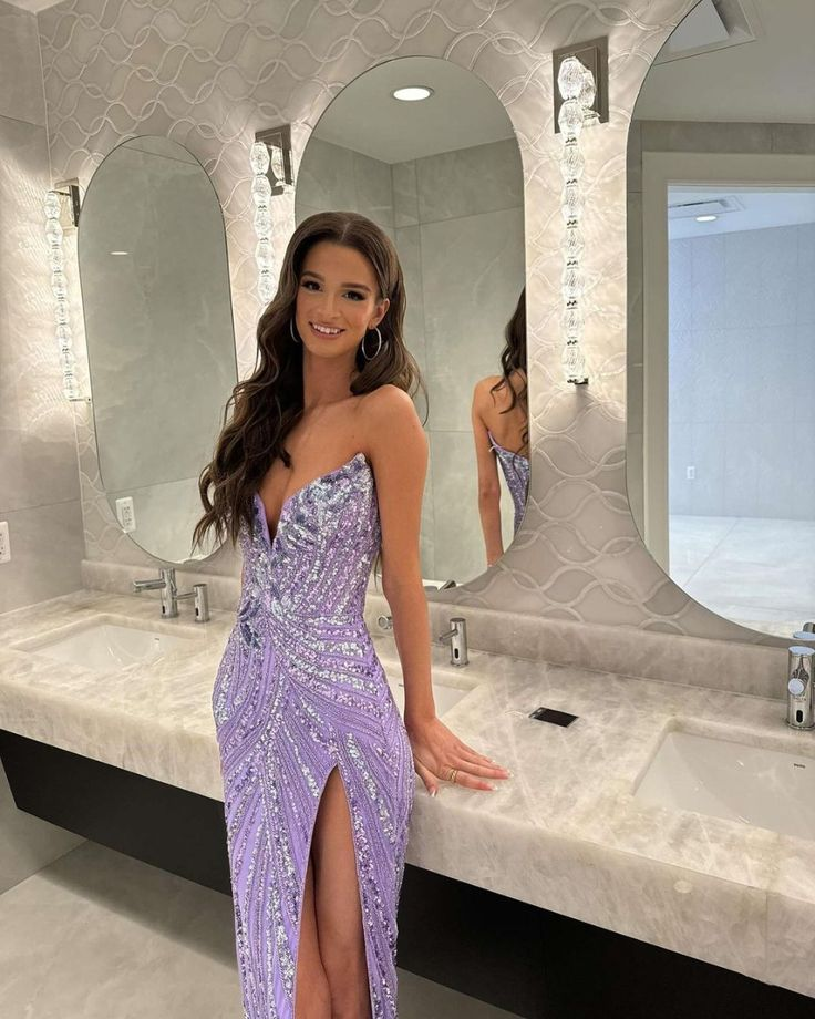 Robe de soirée longue lavande à col en V et fente Y7898