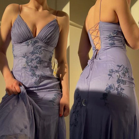 Classy Spaghetti Straps Blue Chiffon Long Prom Dress Party Evening Dress Y7457