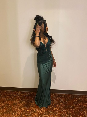 Green V Neck Mermaid Evening Dress Green Evening Gown Y6288