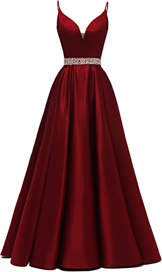 Vestido de fiesta corte A con tirantes finos y escote en V, vestido de noche de satén burdeos Y1272