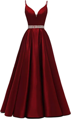 Vestido de fiesta corte A con tirantes finos y escote en V, vestido de noche de satén burdeos Y1272
