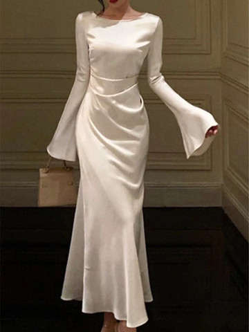 Robe de soirée blanche simple en satin à col rond pour femme Y6894
