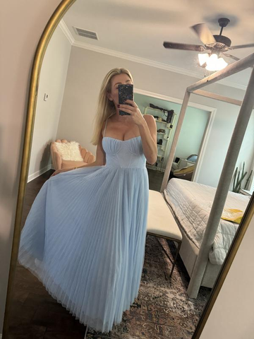 Classy Spaghetti Straps Pleated Tulle Green Midi Prom Dress A Line  Evening Dress Y8452