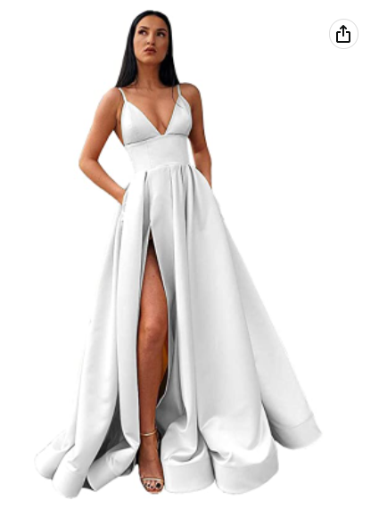 Robe de bal longue en satin à col en V fendu, bretelles spaghetti et poches S14431 