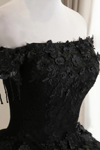 Vestido de baile de tul negro con hombros descubiertos y encaje para quinceañera, vestido largo de noche negro Y1143