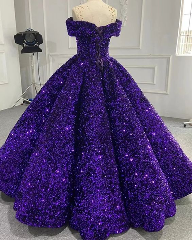 Vestido de gala morado brillante con lentejuelas y hombros descubiertos, vestido morado para quinceañera Y6583