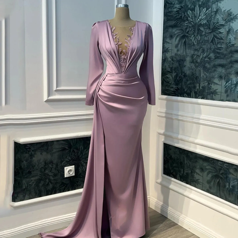 Vestido de fiesta vintage morado, manga larga, escote ilusión en V, corte sirena, largo hasta el suelo Y6647