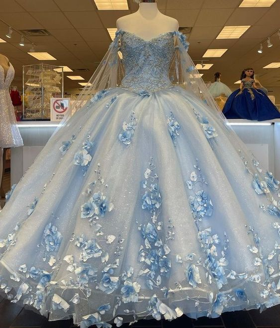 Robe longue bleu clair, adorable robe de bal princesse à épaules dénudées avec application 3D (Y260)