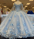 Robe longue bleu clair, adorable robe de bal princesse à épaules dénudées avec application 3D (Y260)