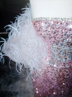 Fairy Pink Strapless Sequins Feathers Mermaid Evening Dress Slit Prom Dress Y8660