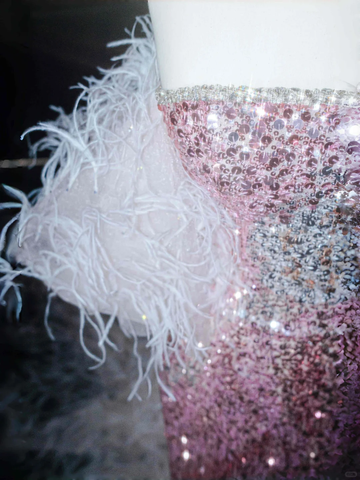 Vestido de noche de sirena con lentejuelas, plumas y escote palabra de honor rosa hada, con abertura, estilo sirena, modelo Y8660