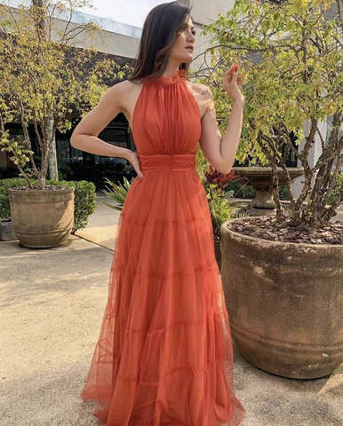 Elegante vestido de fiesta naranja de tul sin mangas, corte en A, vestido de noche naranja Y5327