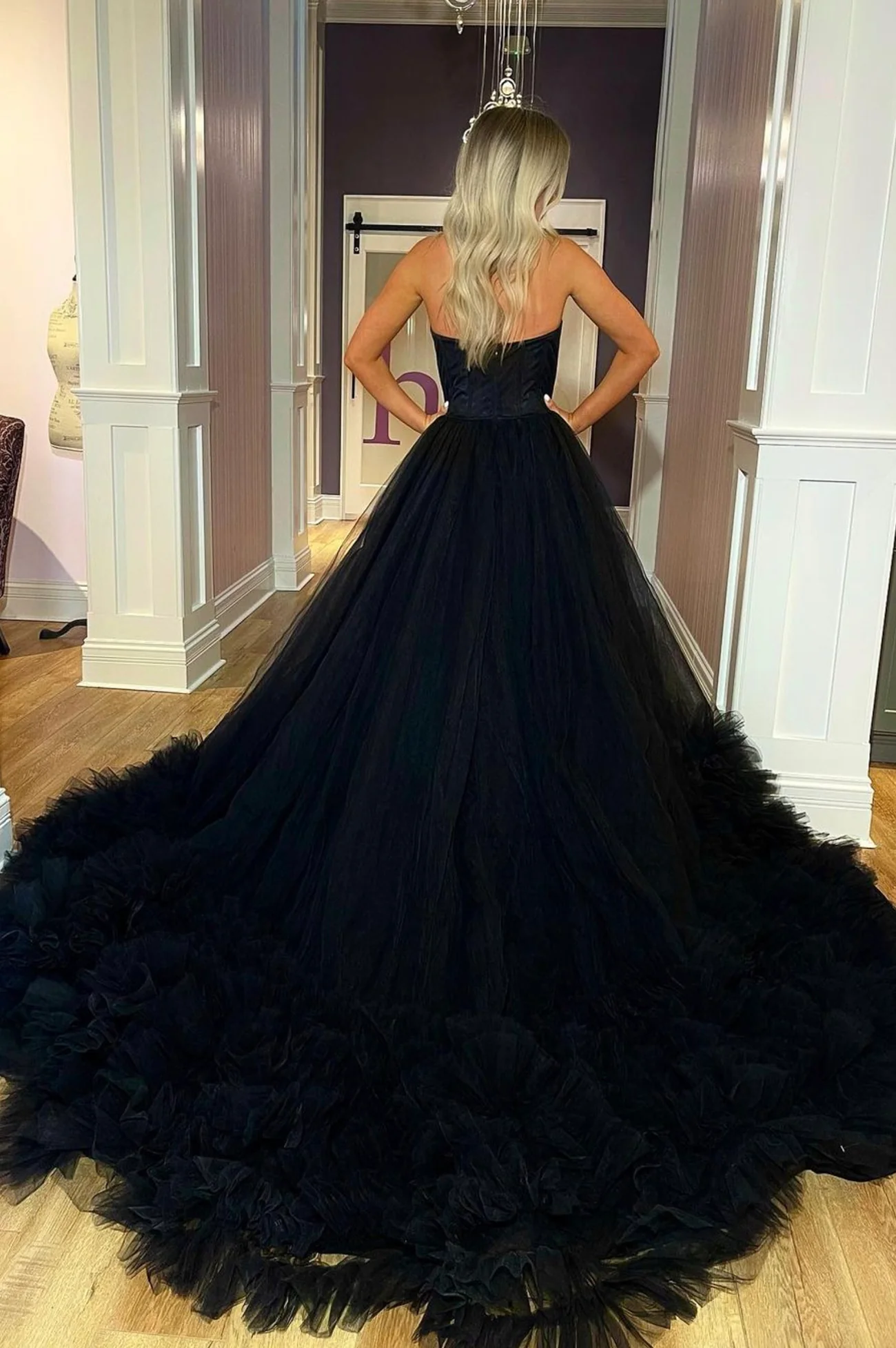 Vestido de baile largo de tul negro sin tirantes, vestido de noche corte A Y1797
