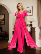 Combinaison-pantalon robe de soirée longue en mousseline à col en V