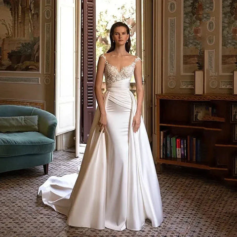 Robe De mariée plissée avec des Appliques blanches, avec traîne Court, en cœur, élégante, 2023 