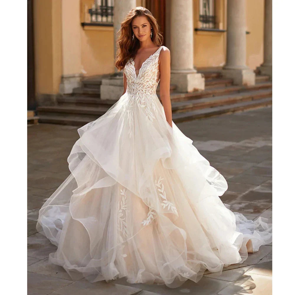 Robes de mariée bohèmes 2023, coupe trapèze, décolleté en V sexy, plissées, dos nu, boutons, élégantes, pour femmes, Vestidos De Novia