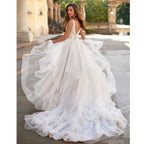 Robes de mariée bohèmes 2023, coupe trapèze, décolleté en V sexy, plissées, dos nu, boutons, élégantes, pour femmes, Vestidos De Novia