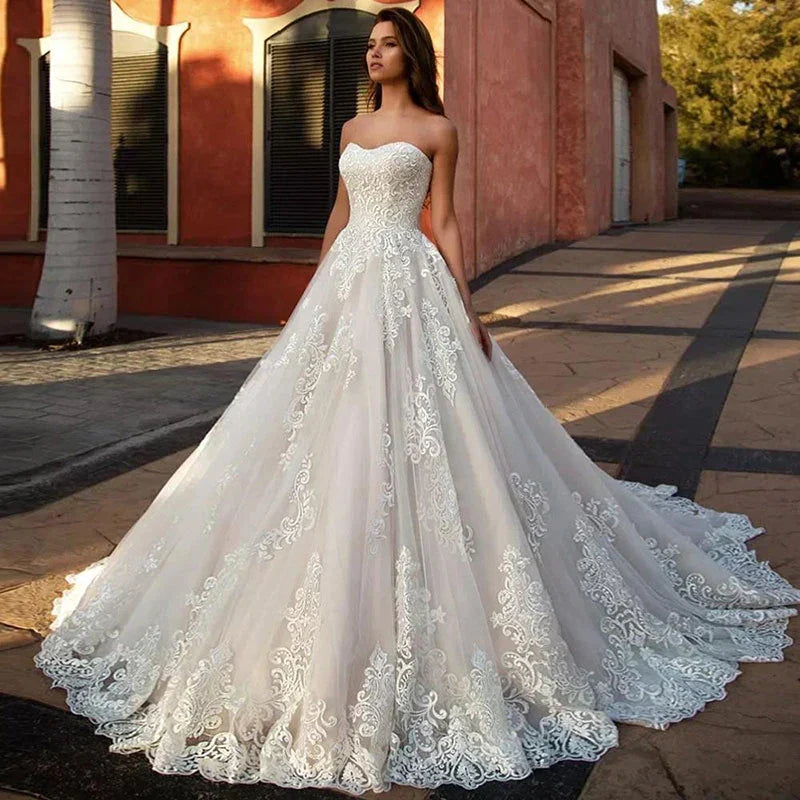 Vestidos de novia, vestidos de graduación con escote corazón, vestidos de mujer corte A sin mangas con apliques de encaje y diseño con lazo en la espalda, personalización.