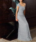 Vestidos de corte princesa/línea A, manga corta con hombros descubiertos, largo midi, de gasa con apliques de encaje para la madre de la novia. 