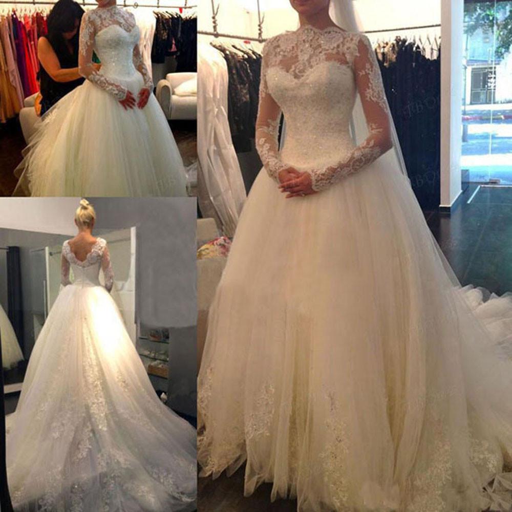 Baoleely White Long Sleeve Cheap V-back A-line Lace Tulle Wedding Dresses, MW238