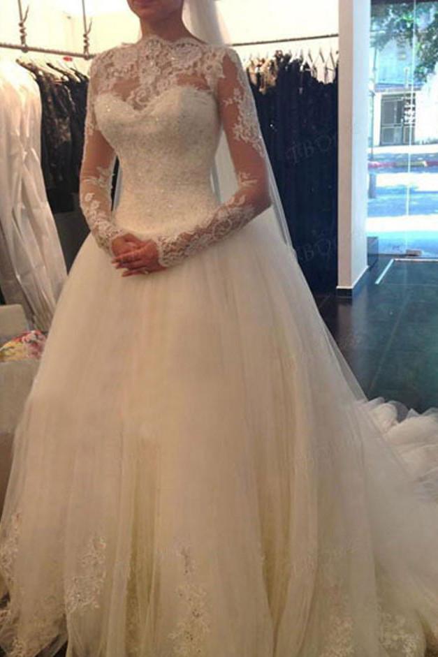 Baoleely White Long Sleeve Cheap V-back A-line Lace Tulle Wedding Dresses, MW238
