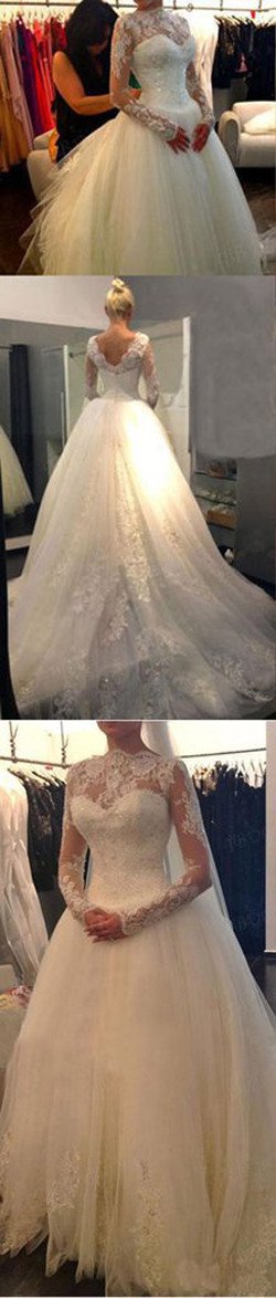Baoleely White Long Sleeve Cheap V-back A-line Lace Tulle Wedding Dresses, MW238