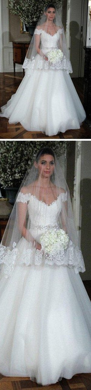 Baoleely White Tulle Beaded Off Shoulder A-line Lace Wedding Dresses Bridal Dress, MW254
