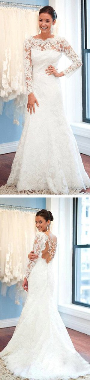 Baoleely White Long Sleeve Lace Round Neck Backless Mermaid Wedding Dresses, MW242